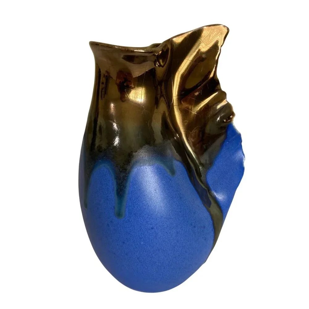Retsis Bros Pottery Greek Hellas Metallic Golden Bronze And Blue Vase